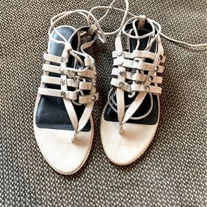 Rebecca Minkoff Evonne ankle tie studded nude sandals, flat tie up shoes, sz 7.5